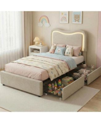 Full Boucle Bed Frame with 2 Storage Drawers and LED Headboard, Upholstered Platform for Kids