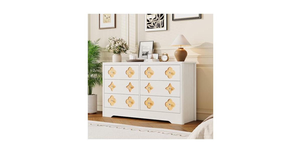 gaomon 6 Drawer Dresser for Bedroom, Wide Dresser, Boho Chest of Drawers, Wooden Chest with Clothes Storage Cabinet - White