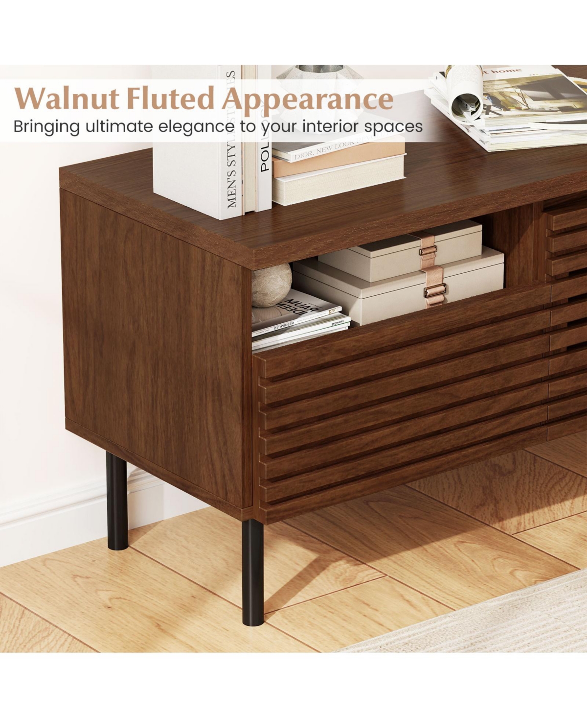 Sugift Mid Century Fluted Tv Stand for 40 in Tv with Open Storage
