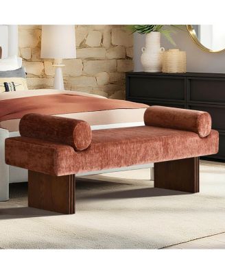 60" Chenille Bedroom Bench, End of Bed Upholstered Bench with Bolsters