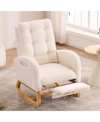 Plush Accent Rocking Chair, Teddy Upholstered Recliner Chair with Side Pocket and Retractable Footstool for Living Room, Balcony