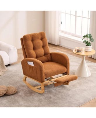 Teddy Upholstered Recliner Rocking Chair, Soft Plush Accent Chair with Side Pocket and Retractable Footstool for Living Room, Balcony