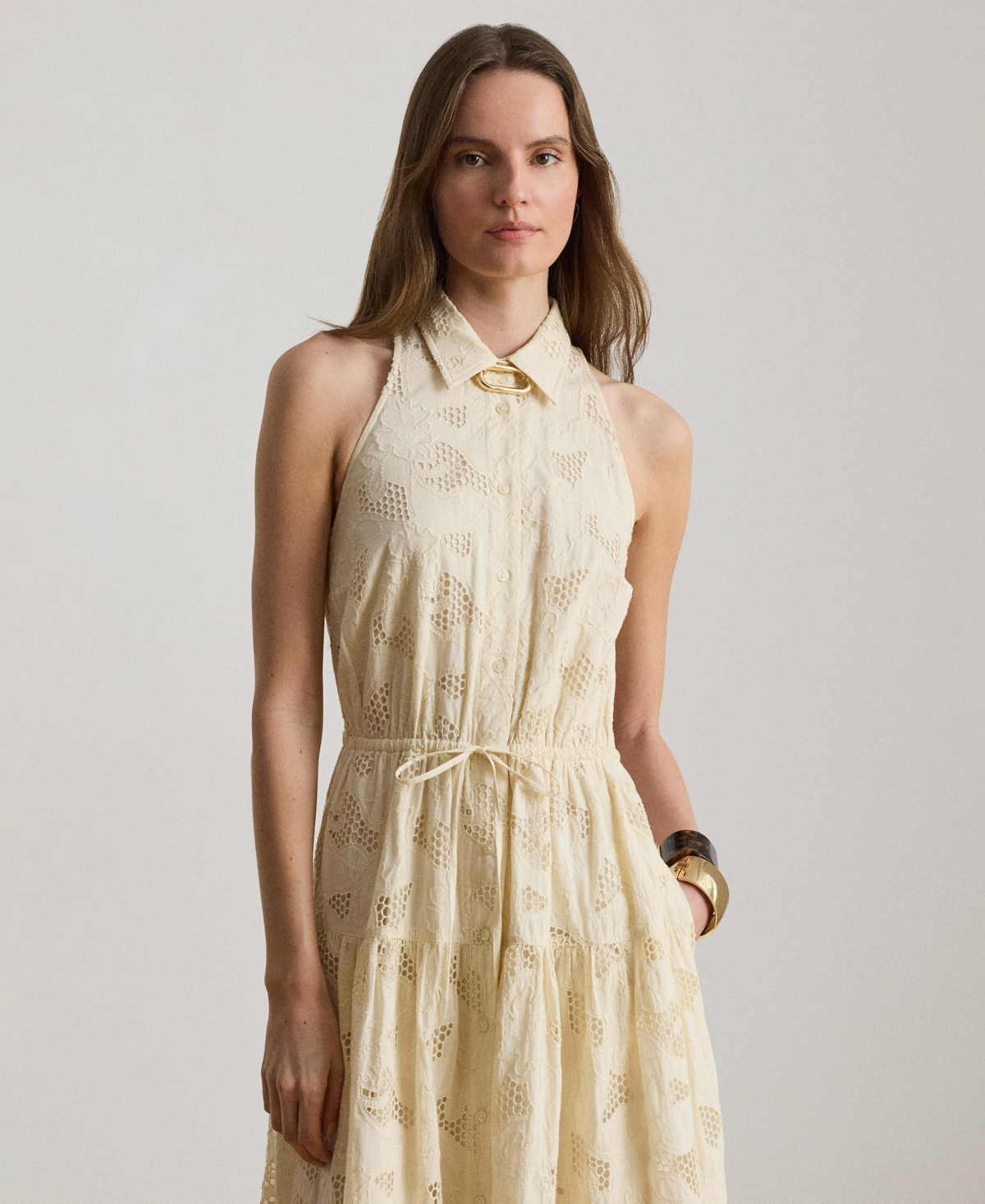 Lauren Ralph Women's Spread Collar Floral-Eyelet Voile Tiered Shirt Dress