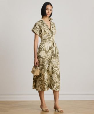 Women's Palm-Frond-Print Camp Collar Shirt-Dress