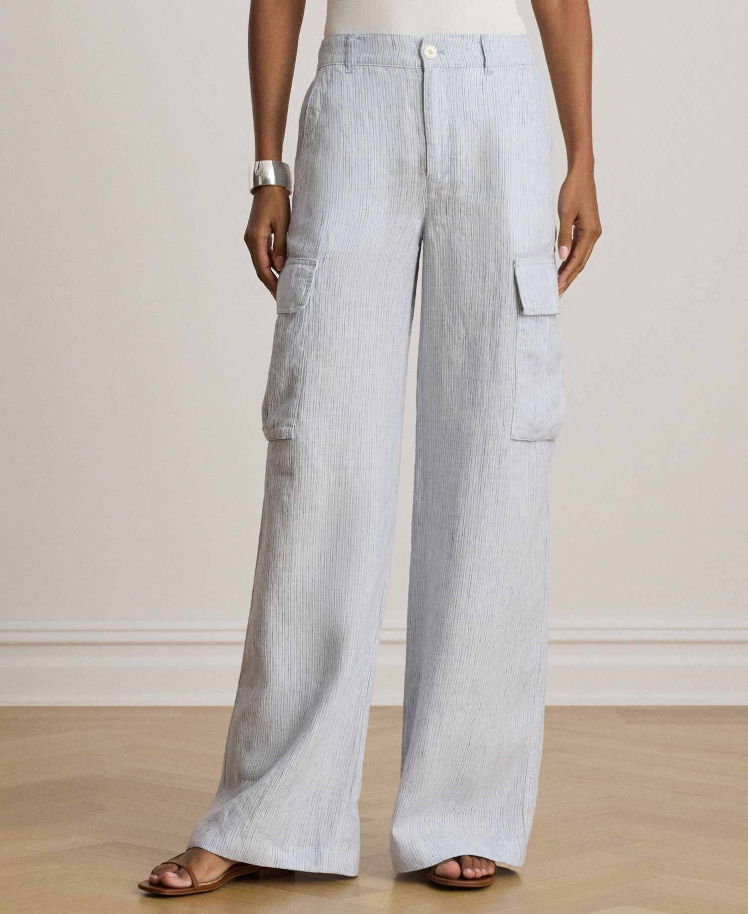 Women's High-Rise Pinstripe Wide-Leg Cargo Pants