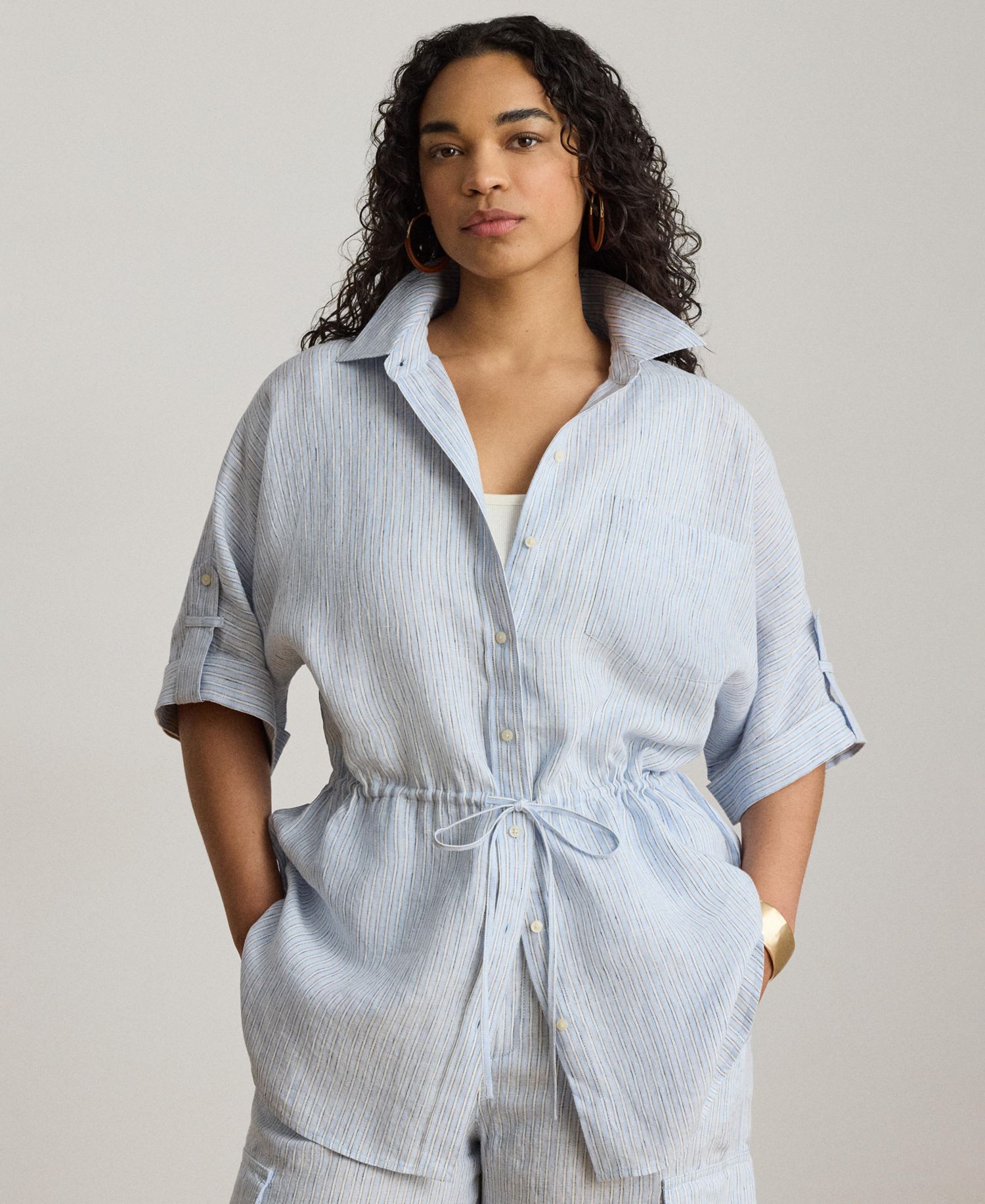 Women's Point Collar Striped Roll-Tab-Sleeve Tunic Shirt