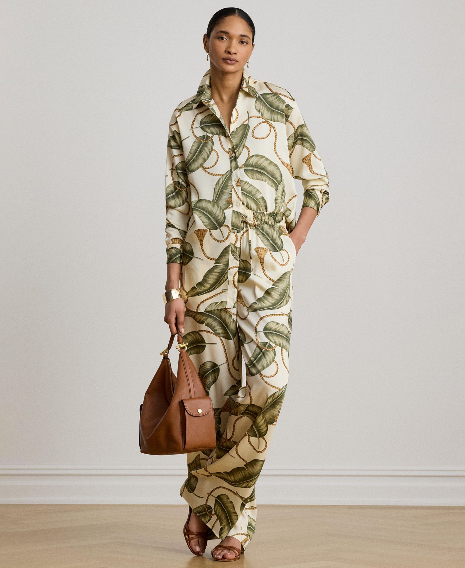Women's Mid-Rise Rope-Print Twill Wide-Leg Pants