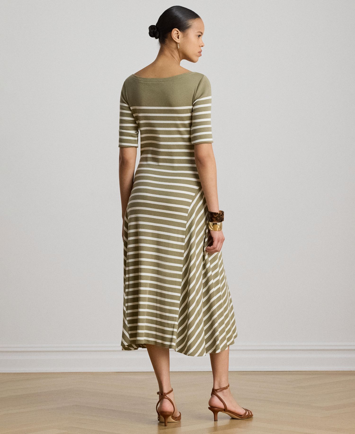 Women's Boat Neck Breton-Stripe Ribbed Midi Dress