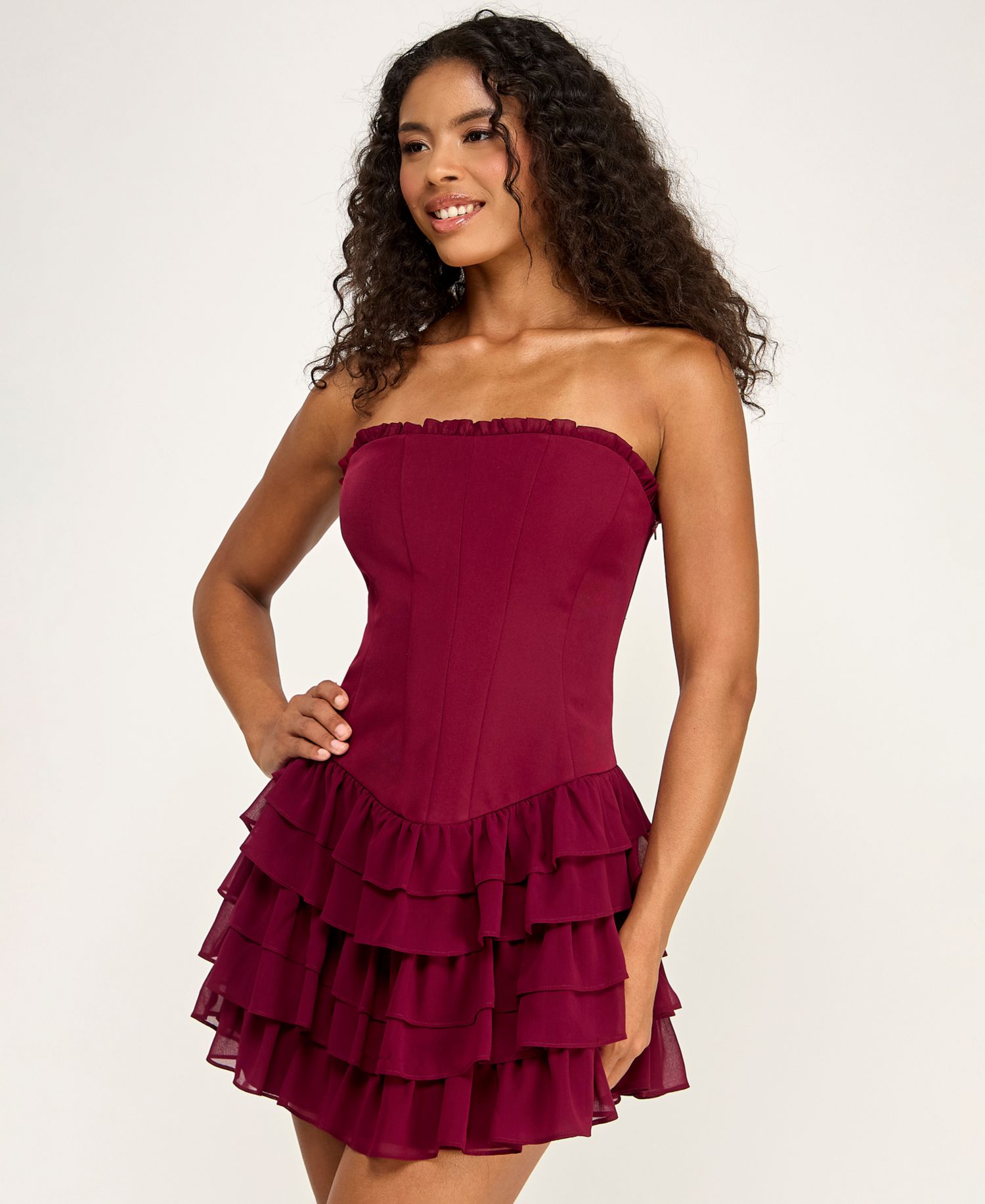 Juniors' Strapless Tiered Ruffle Mini Dress