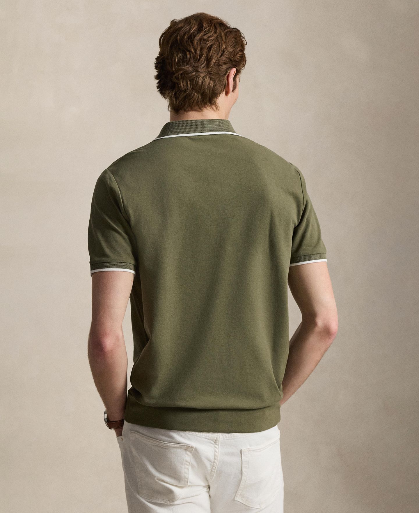 Мужское поло Polo Ralph Lauren Classic-Fit Stretch Mesh Zip Polo Shirt, цвет: Оливковый — фото 4