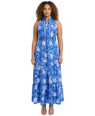Plus Size Ruffle Neck Printed Maxi Dress