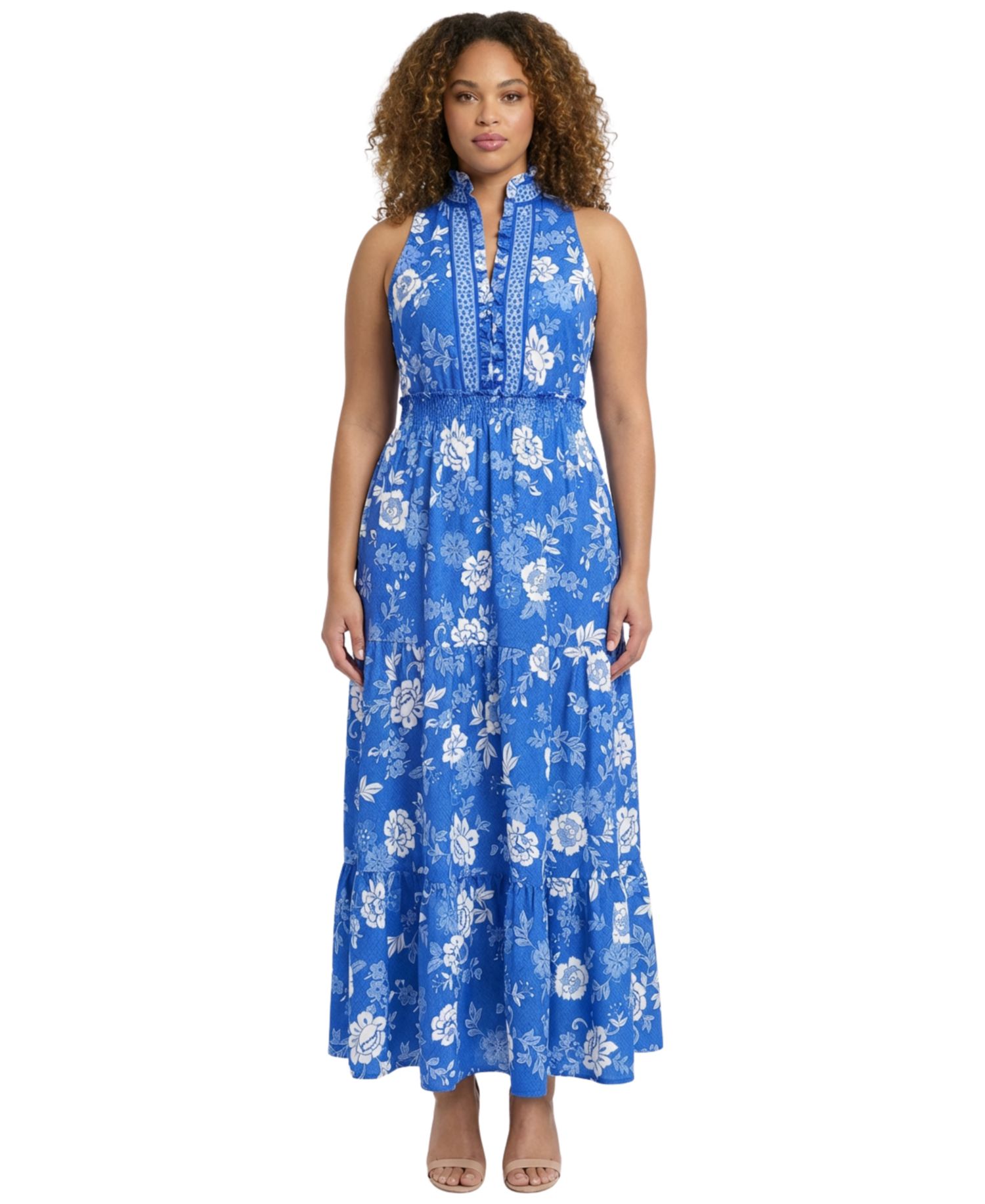 Plus Size Ruffle Neck Printed Maxi Dress