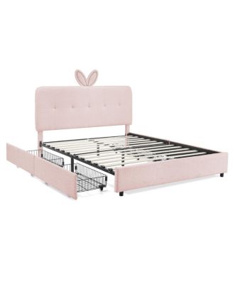 Kids Upholstered Bed w/ Rabbit Headboard, LED and Drawers
