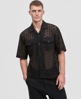 Men's Floral Lace Relaxed-Fit Camp Shirt