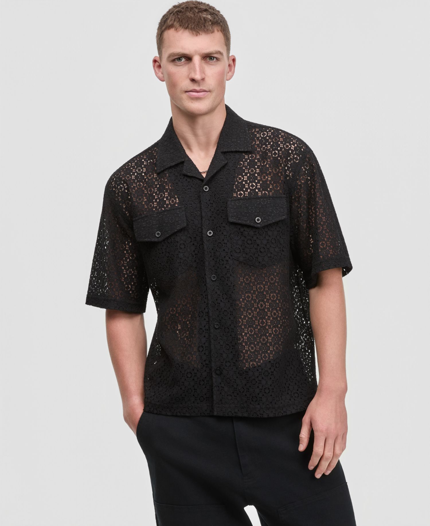Men's Floral Lace Relaxed-Fit Camp Shirt