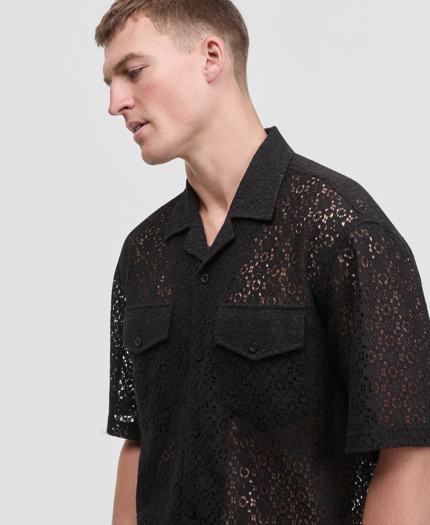 Men's Floral Lace Relaxed-Fit Camp Shirt