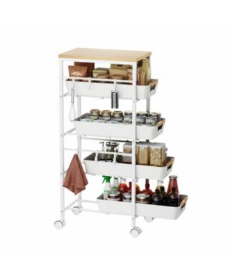5-Tier Slim Rolling Storage Cart Wooden Top Pull-Out Baskets Narrow Space Organizer for Kitchen Bathroom Laundry