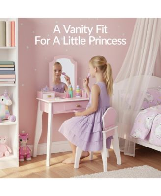 Best Choice Kids Wooden Pretend Play Vanity and Chair Set w/ Mirror - Little Girls Makeup Table with 3 Drawers