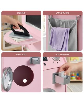 Pretend Play Kids Wooden Stacked Washer and Dryer Set w/ Toy Laundry Storage and Accessories