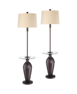 Fallon Rustic Industrial Floor Lamps with Tray Table 66" Tall Set of 2 Bronze Hammered USB and Outlet Oatmeal Shade