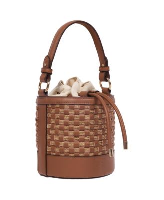 Raffia and Woven Drawstring Bucket Bag - Convertible Top Handle and Crossbody