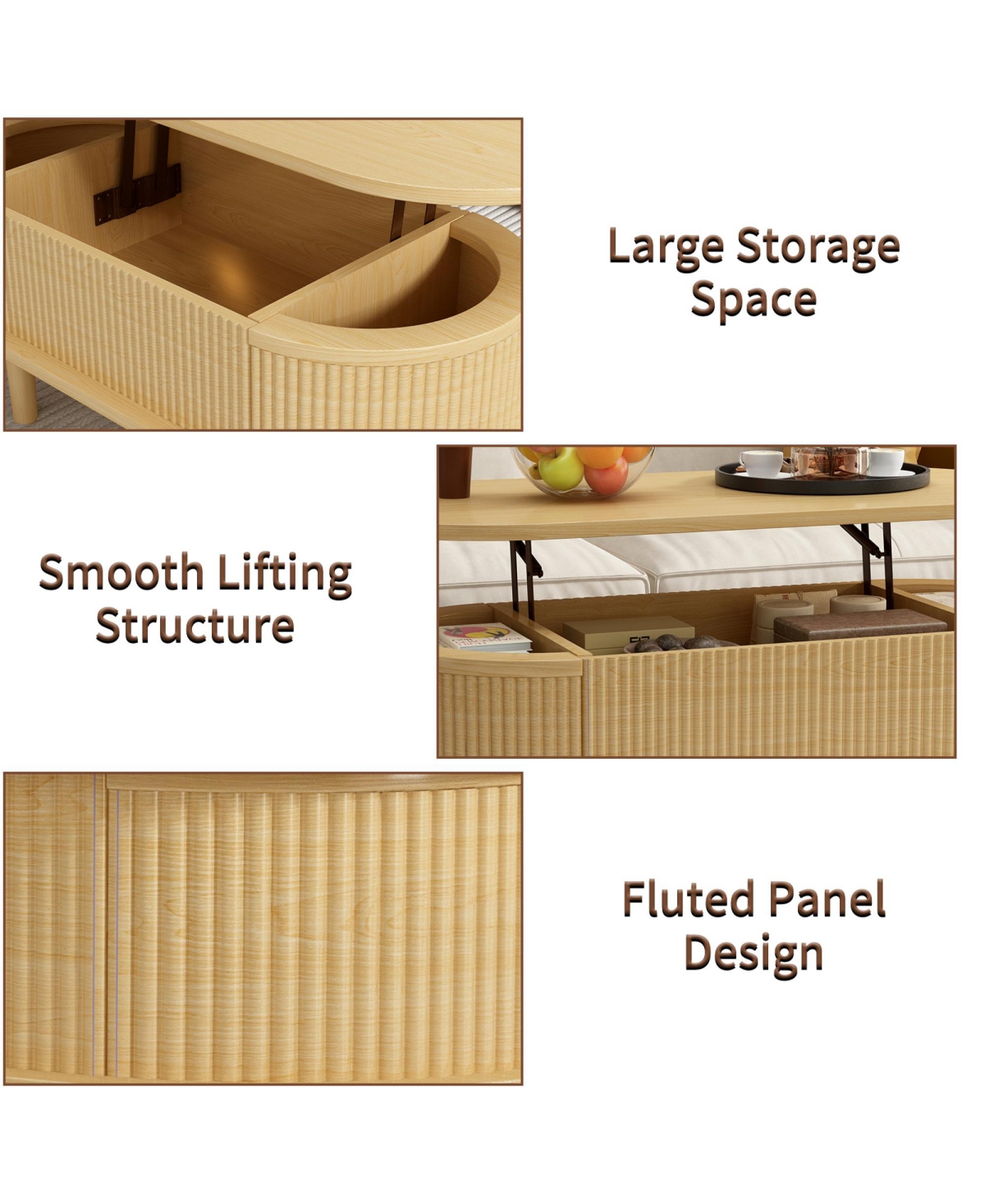 Rainsken Fluted Lift-Top Oval Wood Center Table with Hidden Storage