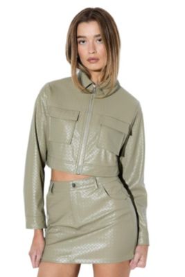 Women's Woven Detail Faux Leather Jacket