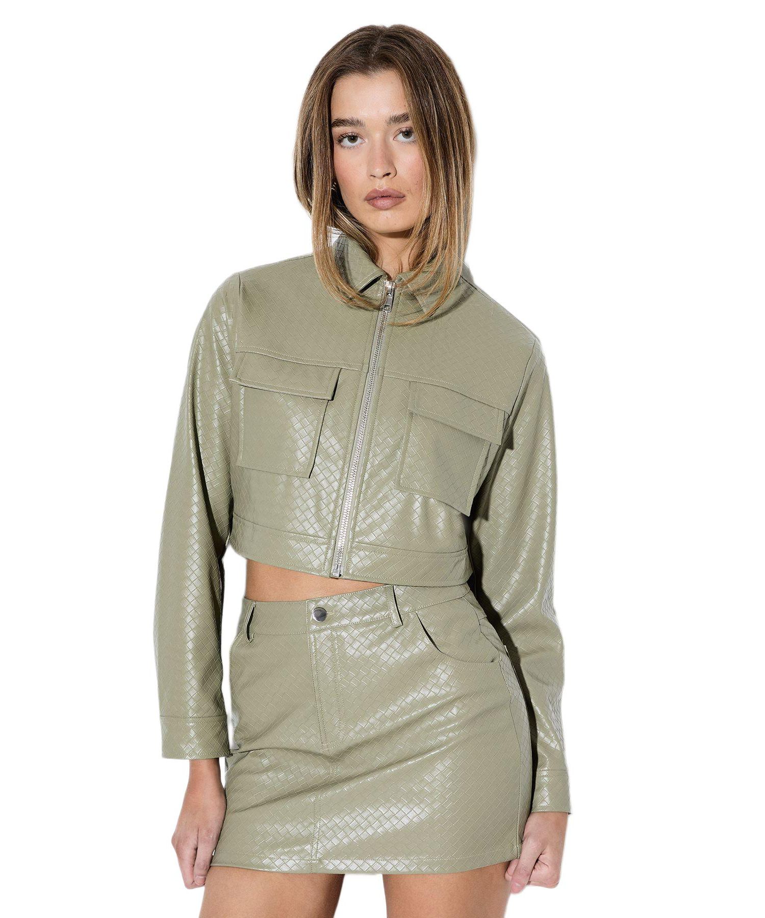 Women's Woven Detail Faux Leather Jacket