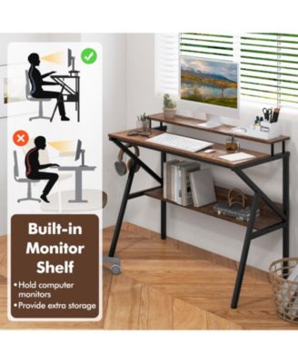 Space Saving Computer Desk with Monitor Stand and Extra Storage Shelf for Work Study-Rustic Brown