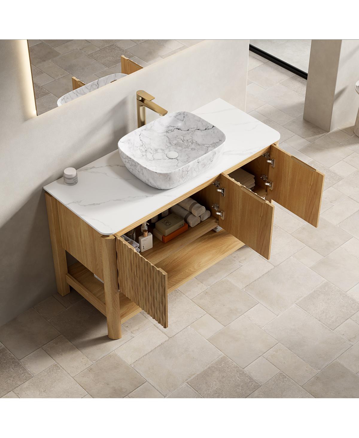 Sillysis Modern Bathroom Vanity with Fluted Solid Wood Doors, Carrara Sintered Stone Top