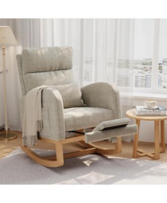 Linen Rocking Chair with Footrest, Modern Nursery Glider Chair with Side Pockets and Pillow, Rocker Chair for Living Room Bedroom Nursing Room