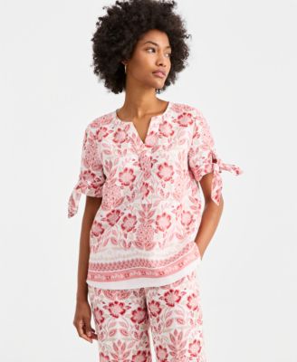 Women's 100% Linen Split-Neck Tie-Cuff Top