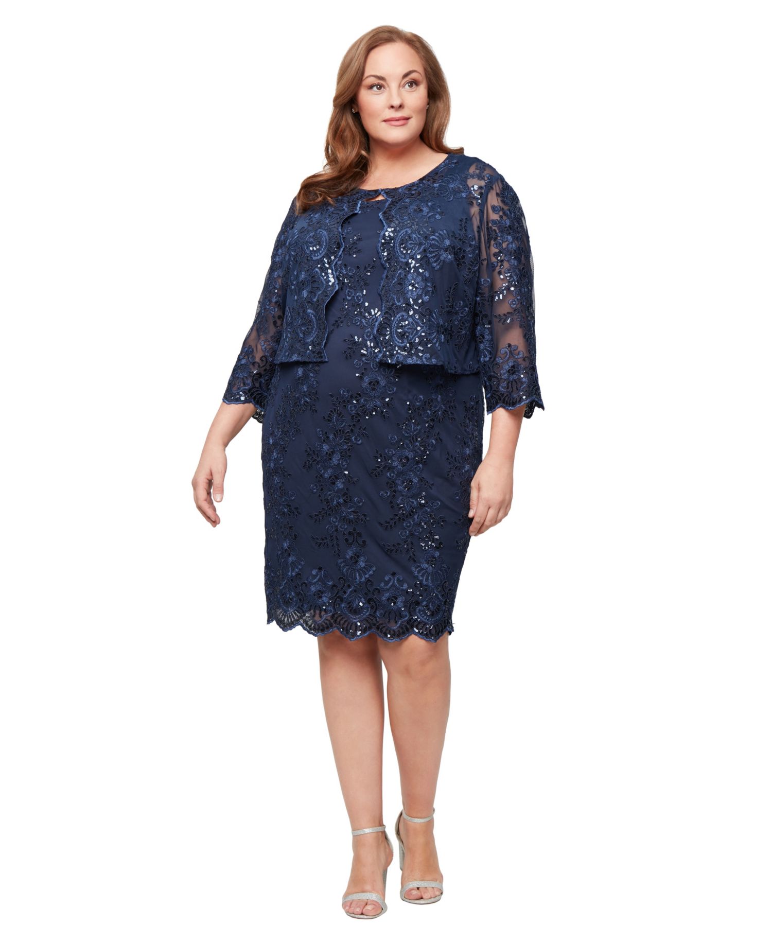 Plus Size 3/4-Length-Sleeve Jacket and Midi Dress, 2-Piece Set