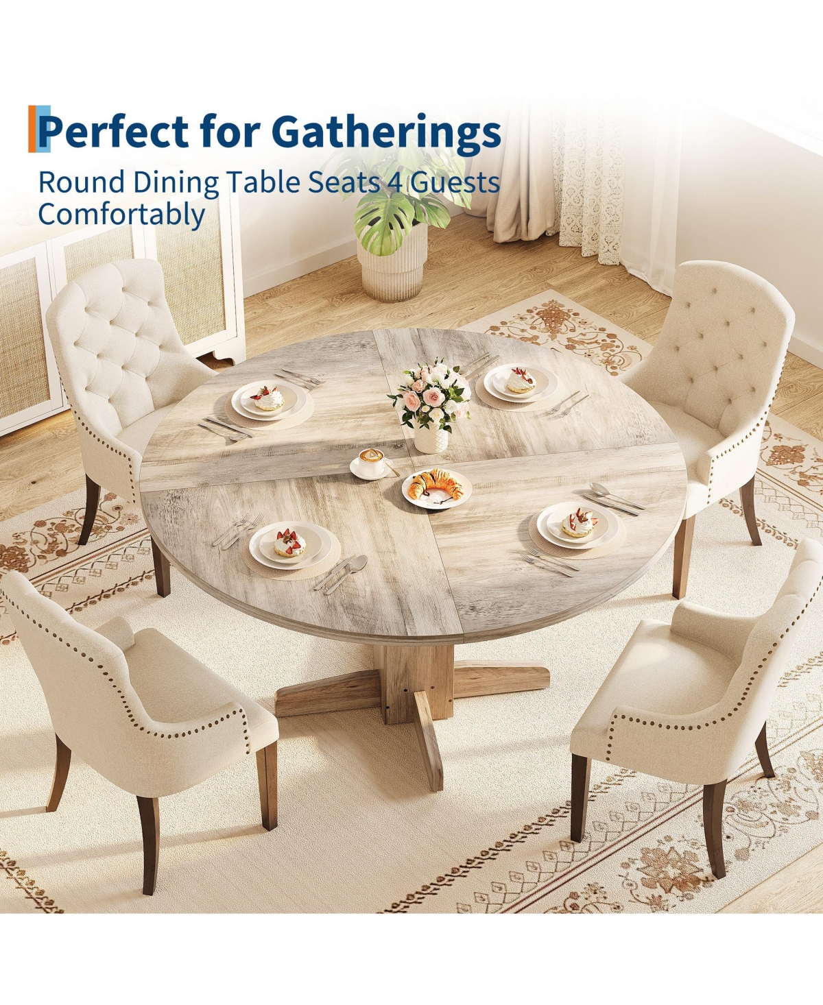 homfan 47 Inch Round Dining Table for 4,Farmhouse Wood Kitchen Table, Circle Dinner Kitchen, Living Room, Room