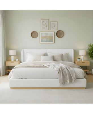  Modern Boucle Winged Bed Frame with Enclosed Wood Base