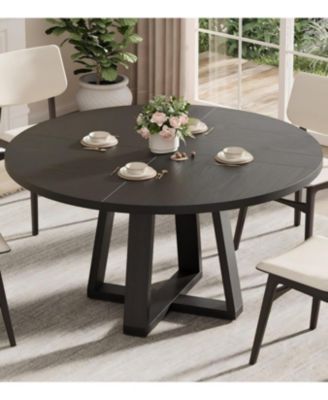 Round Dining Table for 4-6 People, Circle Kitchen Table with Cross Base, Farmhouse Wood Dinner Table for Apartment