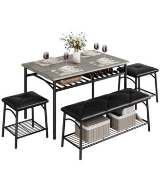 4-Piece Dining Set with Storage Racks, Bench and Stools