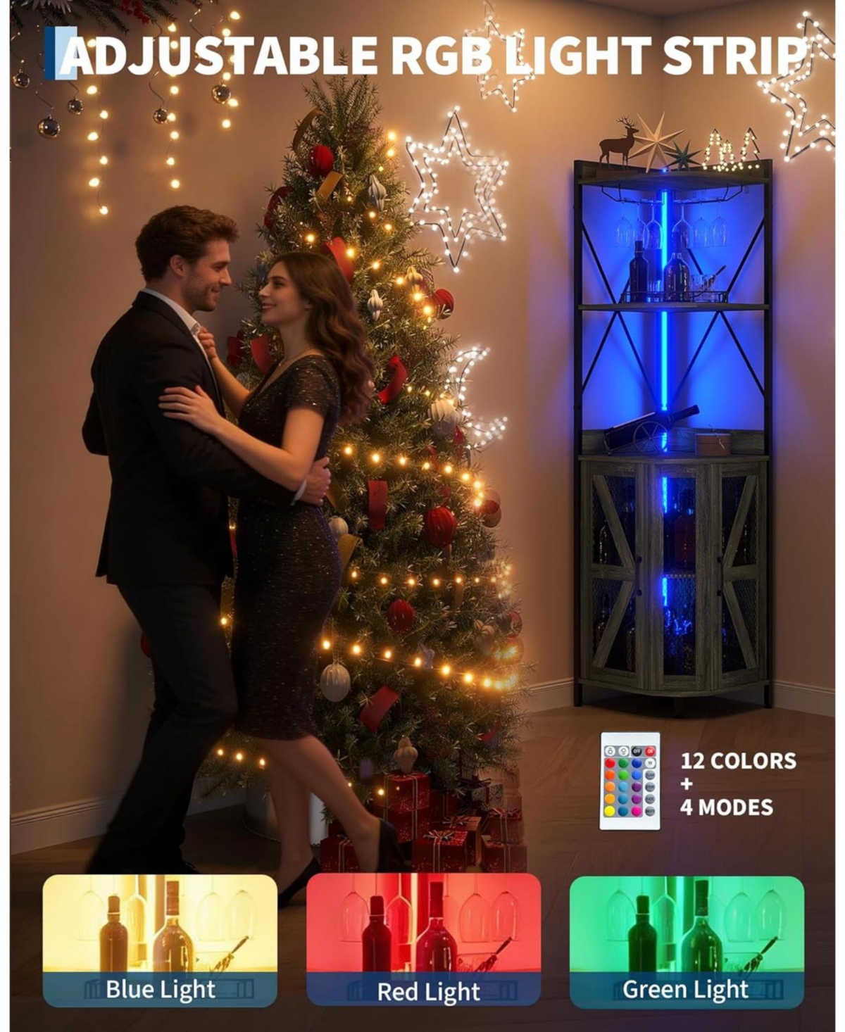 gaomon Corner Wine Cabinet with Power Outlet, Led Strip and Glass Holder, Industrial 5 Tier Liquor Bar