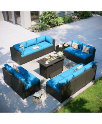 12-Piece Outdoor Wicker Patio Conversation Set with 44" Propane Fire Pit Table and Cushions