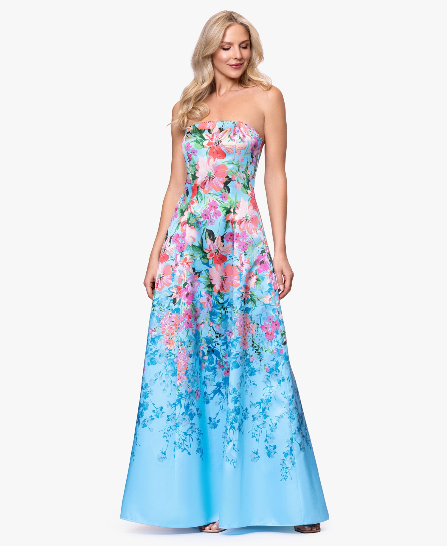 Petite Printed Strapless Ball Gown