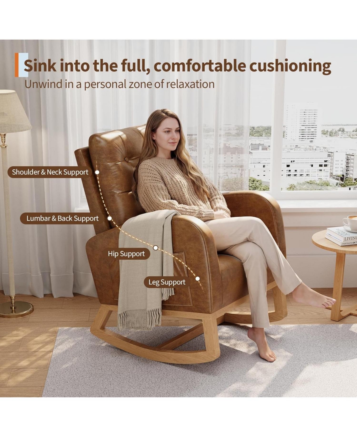 gaomon Nursery Rocking Chair,Breathable Pu Leather Upholstery,Sturdy Wooden Legs and High Backrest,Comfortable Glider Rocking Chair for Living Room