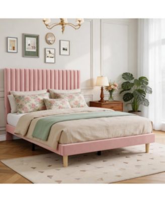 Velvet Bed Frame, Vertical Channel Tufted Headboard, Height Adjustable, Upholstered Platform Bed