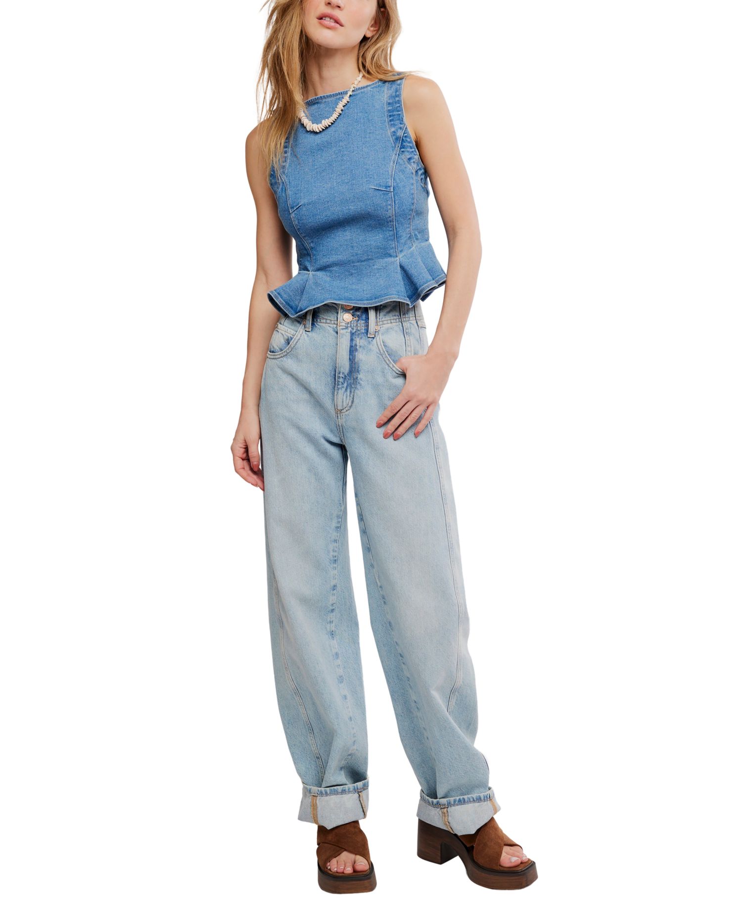 Women's Sunfaded Boat Neck Denim Cotton Top