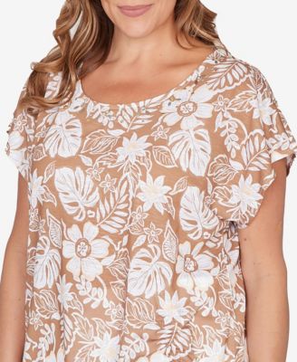 Plus Size Printed Embellished Slub Top
