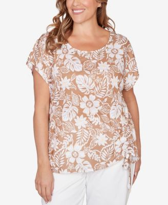 Plus Size Printed Embellished Slub Top