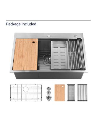 Stainless Steel Kitchen Sink, 33x22 Single Bowl, Overmount Handmade Sink in Brushed, with Cutting Board, Colander, Grid, LS-SSBR01