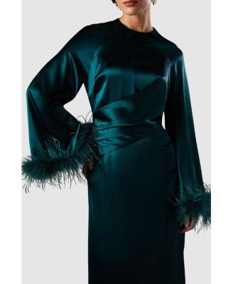 Women's Feather Trim Satin Maxi Dress