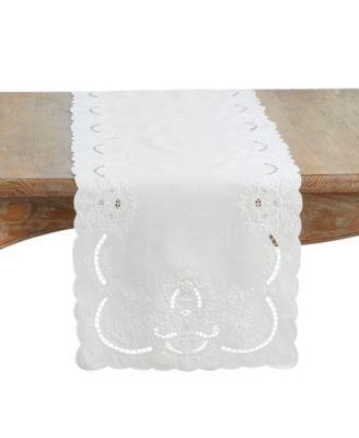 Embroidered Linen Scalloped Table Runner, 16" x 90"