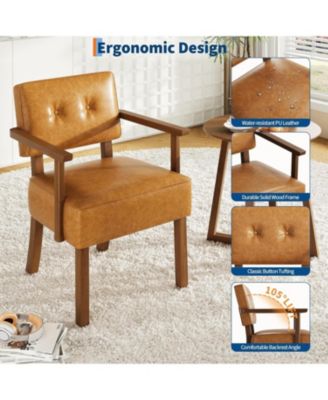 Set of 2 Mid Century Modern Accent Chairs, Faux Leather Armchairs with Button Tufted Back,Upholstered Lounge Chair Set with Wood Frame
