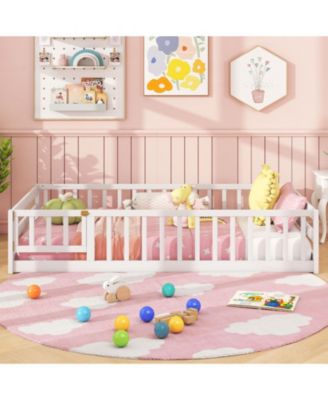 Twin Size Kids Montessori Floor Bed with Lockable Door and Fence Guardrails